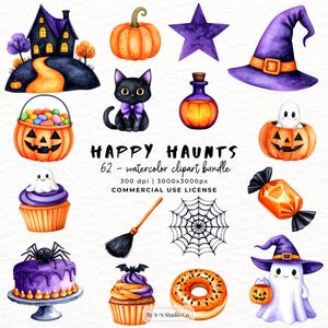 以下が含まれることがあります： ハロウィーンをテーマにした水彩画クリップアートのバンドル。紫色の魔女の帽子、紫のリボンをつけた黒猫、カボチャ、お化け屋敷、幽霊、ケーキの上のクモが含まれています。「HAPPY HAUNTS」と書かれています。