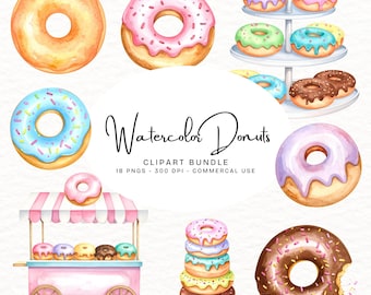 Pastel Donut Clipart Set, Watercolor Sweets (PNG, Commercial Use)