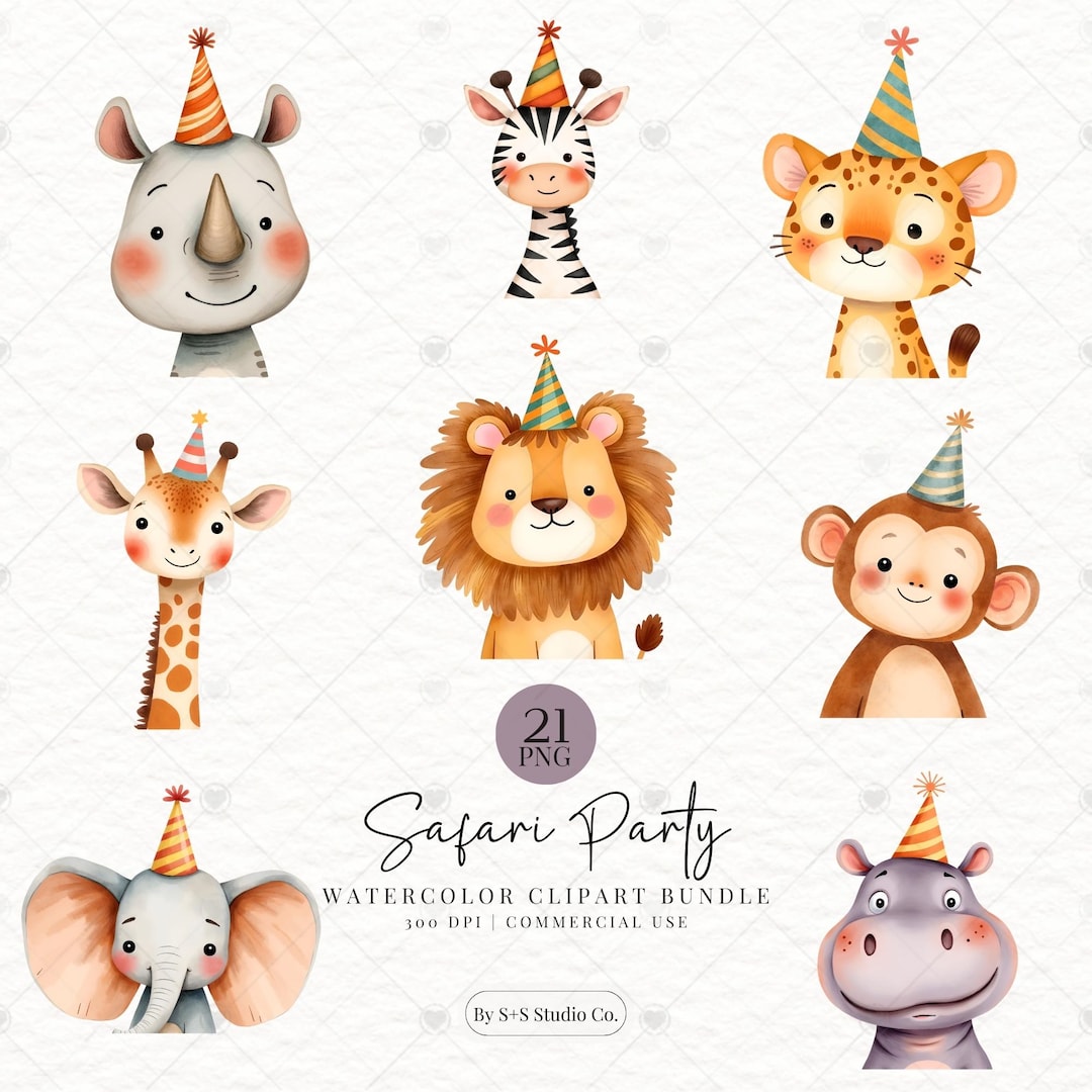 Safari Birthday Clipart - Jungle Watercolor - 21 PNG Bundle - Kid's ...