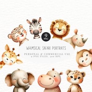 Clipart Safari aquarelle, animaux de la jungle, portraits Safari, Lion, zèbre, girafe, éléphant, fournitures de scrapbooking, téléchargement numérique