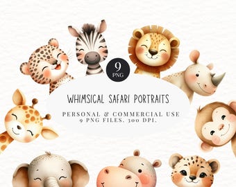 Watercolor Safari Animal Clipart, Nursery Art (Digital Download)