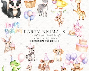 Paquete de imágenes prediseñadas de animales de fiesta en acuarela, PNG de cumpleaños para uso comercial