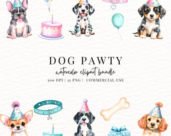 Watercolor Dog Breeds Clipart: Puppy Birthday Party PNG Bundle - Commercial Use
