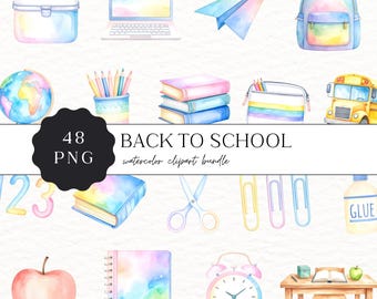 May include: Watercolor clipart bundle featuring school supplies like a backpack, books, pencils, and a school bus. The image includes a laptop, globe, and paper airplane. Text reads "Back to School" and "48 PNG".