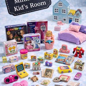 May include: A selection of miniature toys and accessories for a child's room, including a doll, a bed, houses, and various toy boxes. The sign says "Miniature Kid's Room". The toys are in various colours, including pink, yellow, and blue.