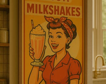 Arte mural de batidos retro. Póster vintage de restaurante/Decoración de cocina de los años 50, descarga digital para el hogar, cafetería o heladería.