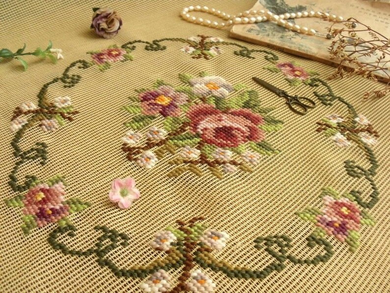 Vintage French 23 PREWORKED Needlepoint Canvas Floral Etsy