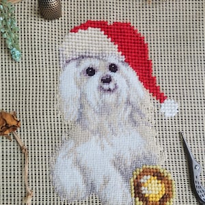 Antique Needlepoint Canvas. Christmas Baby Dog Puppy. Vintage PREWORKED Needlepoint Canvas Cute!