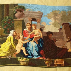 COMPLETED *ANTIQUE huge size 32” Religious Needlepoint Canvas. Vintage Needlepoint Tapestry ART Wall hanging Collection - Holy Family Step