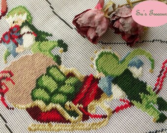 Elves Loading Sleigh -- Preworked Needlepoint Canvas Christmas Stocking Elves Sleigh