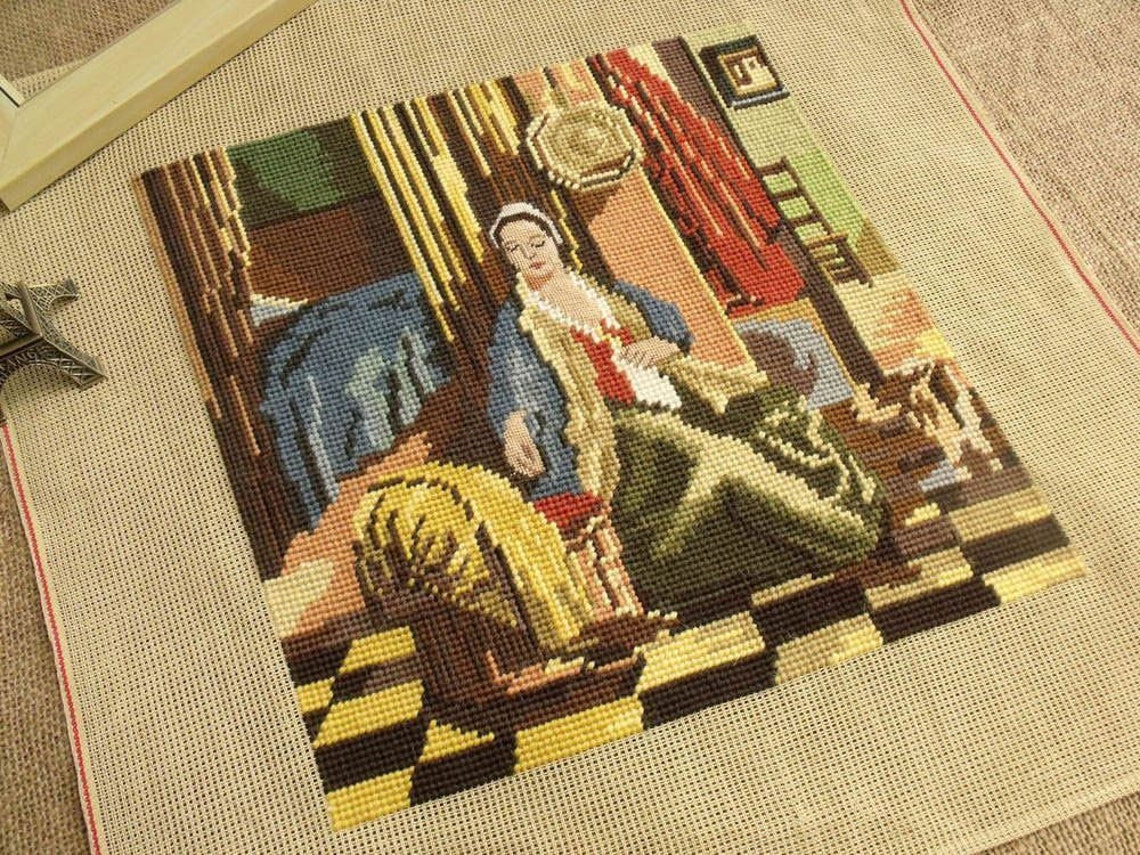 ANTIQUE Tapestry Vtg 18 COMPLETED Needlepoint Canvas ART Lady Etsy