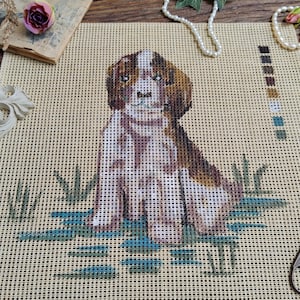 Nursery Dog Puppy in Grass  HAND PAINTED Needlepoint Canvas, Needlepoint wall hanging, hand painting Needlepoint Canvas pillow Green Brown