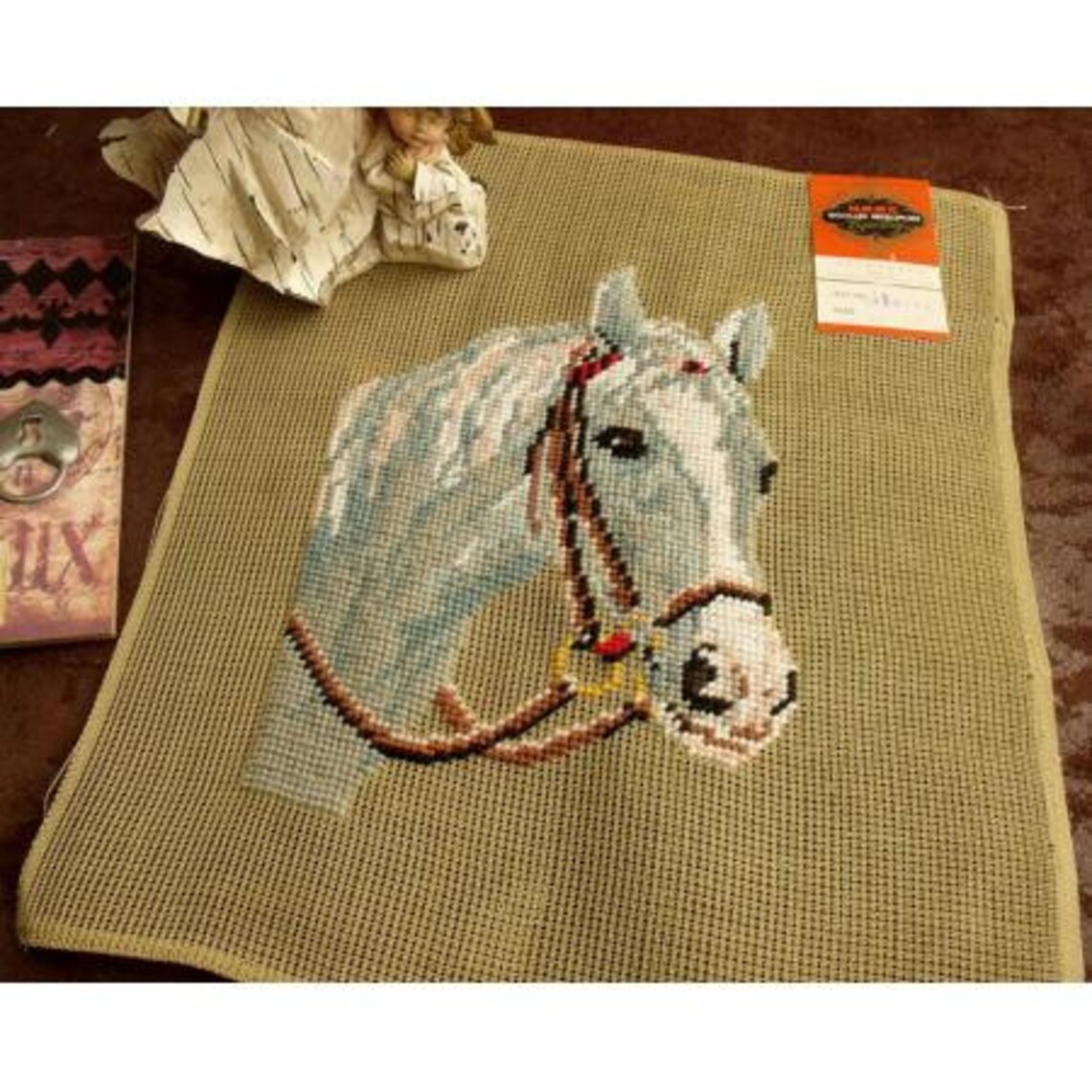 Antique Vintage 14" PREWORKED Needlepoint Canvas -luxury Mint Horse ...