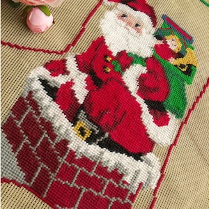 Vintage PREWORKED Needlepoint Christmas Stocking Canvas -- Santa Down Chimney