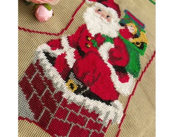 Vintage PREWORKED Needlepoint Christmas Stocking Canvas -- Santa Down Chimney