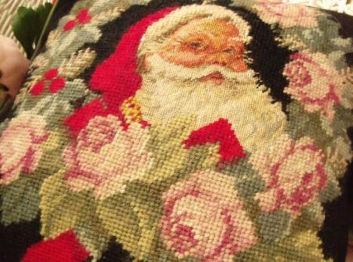 Vintage Needlepoint Pillow Cushion Newchristmas Santa &shabby Etsy