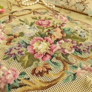 Stunning! FRENCH Antique Scroll Pink Flowers -Vintage  PREWORKED Needlepoint Canvas Petitpoint