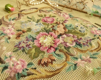 Stunning! FRENCH Antique Scroll Pink Flowers -Vintage  PREWORKED Needlepoint Canvas Petitpoint