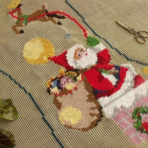 Vintage PREWORKED Needlepoint Christmas Stocking Canvas --Santa Chimney GIFT