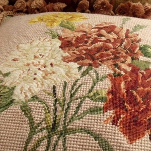 Farmhouse vintage NEEDLEPOINT Wool Pillow Cushion Cover FRINGE ~Carnation Flowers