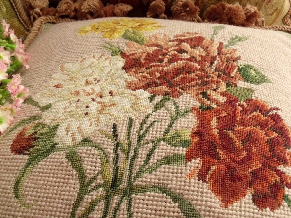 Farmhouse vintage NEEDLEPOINT Wool Pillow Cushion Cover FRINGE ~Carnation Flowers