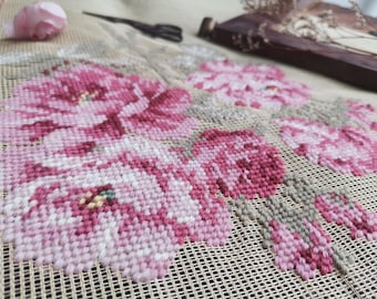 Vintage Pink Peony Needlepoint Canvas: Shabby Chic Floral Decor (23"x23")