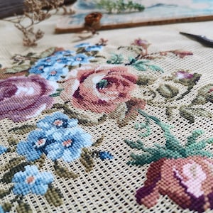 Shabby Soft White Pink Bouquet Chair Cover. Large Floral Chair Cover . Vintage PREWORKED Needlepoint Canvas