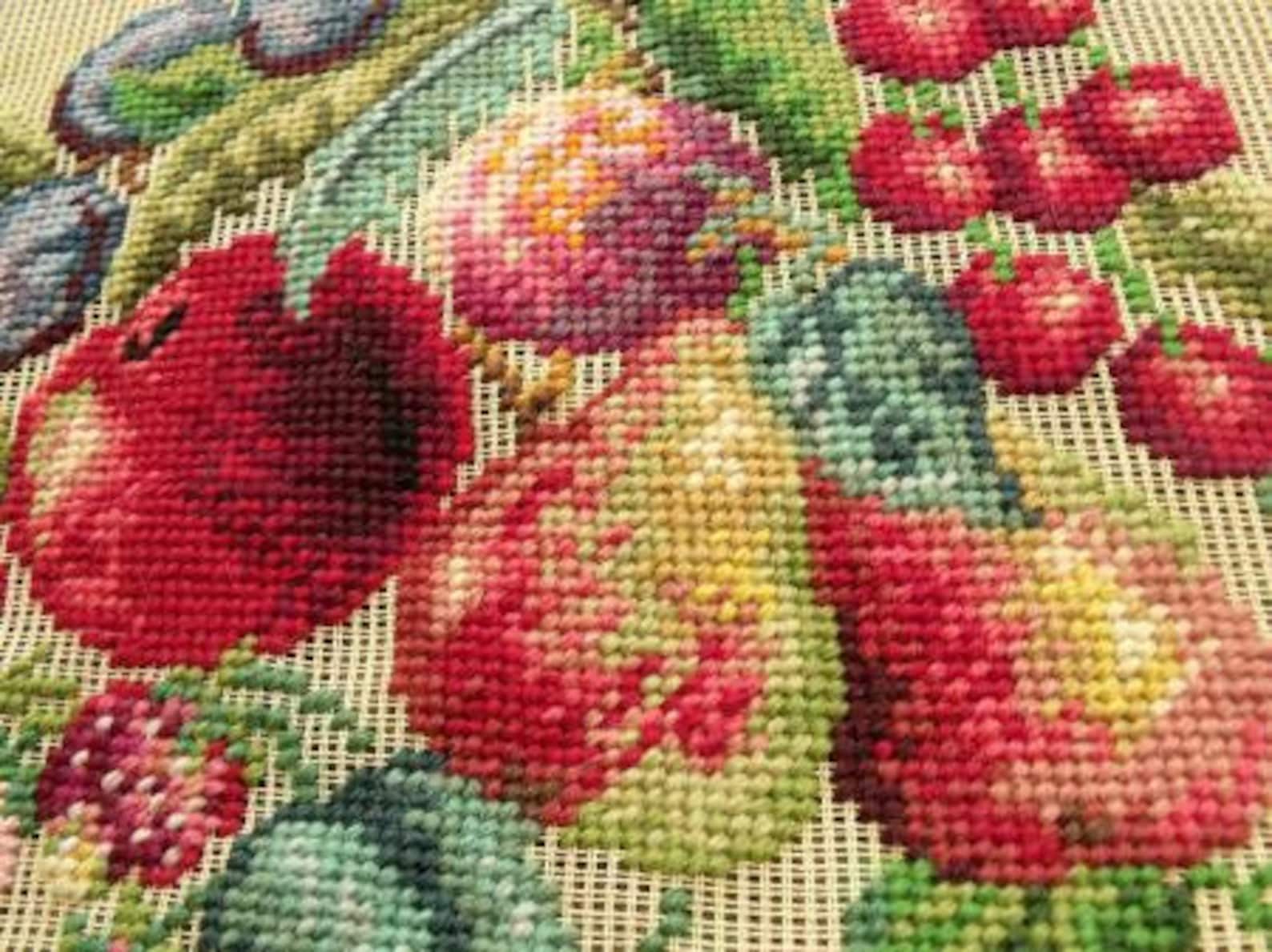 Antique 27 Vintage PREWORKED Needlepoint Canvas Plum Cherry Mint Blue