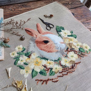 18&quot; Fantastic Bunny in Yellow Flowers. Rabbit all TITY Petit Point Large pattern . Vintage PREWORKED Needlepoint Canvas GREAT!
