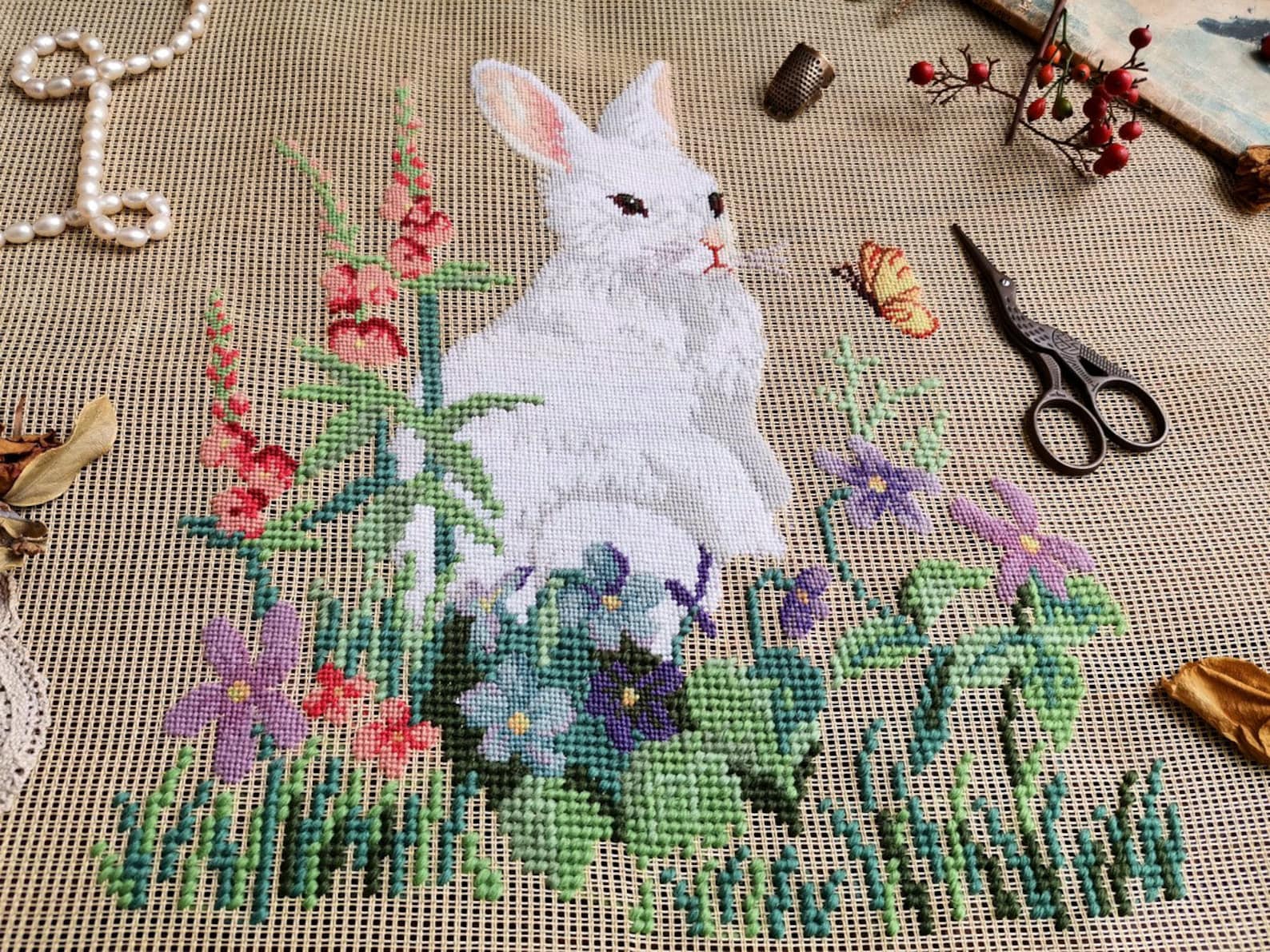 Vintage 18 PREWORKED Needlepoint Canvas Bunny Rabbit Etsy