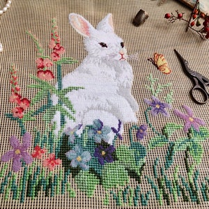 Vintage 18&quot; PREWORKED Needlepoint Canvas - Bunny Rabbit in flowers - Animals  Flowers Iris Butterfly - Petit point needlepoint completed