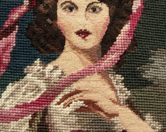 Vintage *Completed Needlepoint Tapestry: "Pinkie" Portrait, Hand-Stitched Wool Wall Hanging (29x23)