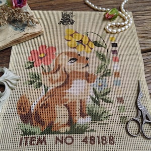 Nursery Cute *puppy& flowers* HAND PAINTED Needlepoint Canvas, vintage Needlepoint wall hanging, hand painting Needlepoint Canvas Dog French