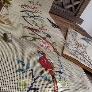 Vintage Birds Needlepoint Canvas: 30&quot; Preworked Petit Point Floral Branch