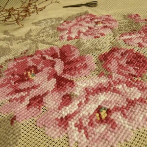 French Shabby Chic Pastel Pink  floworal Bunch - vintage 23&quot; PREWORKED Needlepoint Canvas