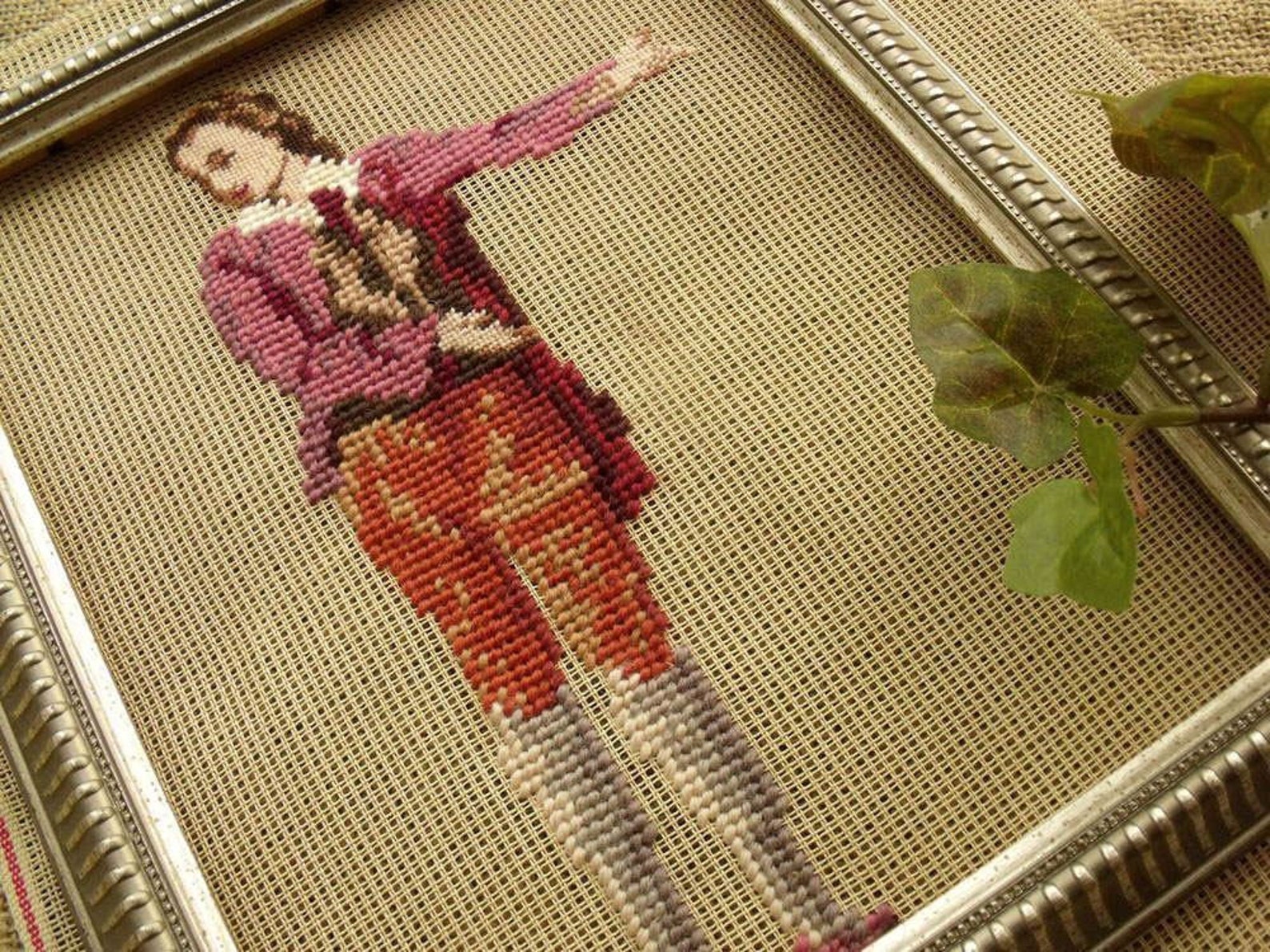 Vintage Needlepoint Unfinished Canvas Wall Hanging Antique Colonial