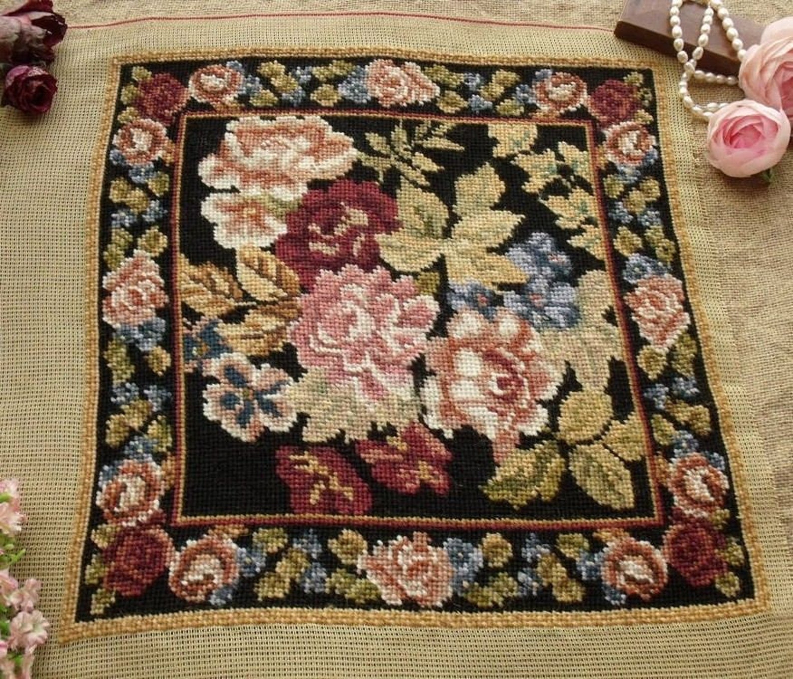 Vintage Completed Needlepoint Canvas Antique Rose