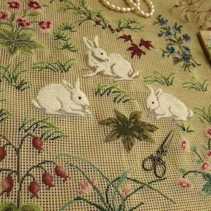 Antique *Medieval* style  Rabbits Bunny -27&quot; vintage  Preworked Needlepoint Canvas Animal Farmhouse