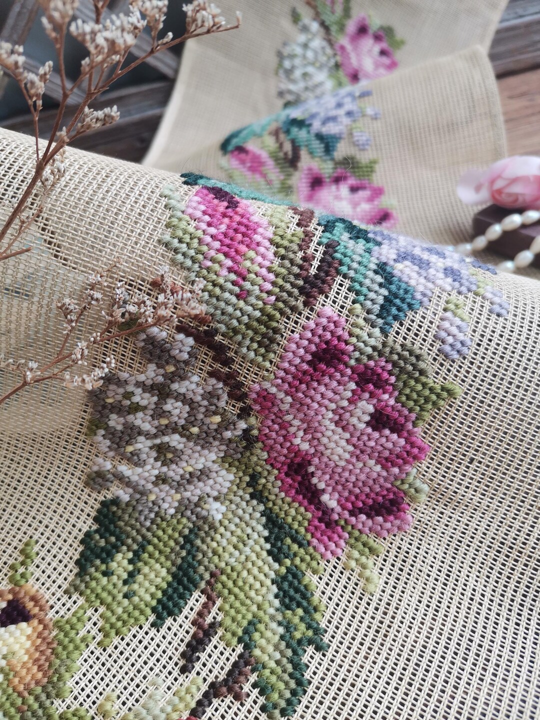 39" Long Pink Rose* Preworked Needlepoint Canvas.. Vintage Flower Preworked Needlepoint Canvas ...