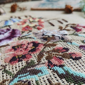 Antique Earth Tone SHABBY floral bouquet. ALL tiny petit point needlepoint Canvas .Farmhouse Vintage PREWORKED Needlepoint Canvas Finishing