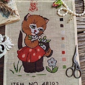 Nursery Cute *Kitty Gardener* HAND PAINTED Needlepoint Canvas, vintage Needlepoint wall hanging, hand painting Needlepoint Canvas Cat French