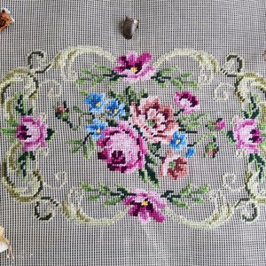 ANTIQUE French Roses Stool Cover. Vintage Victorian Pink Roses Bunch. Vintage PREWORKED Needlepoint Canvas Finishing