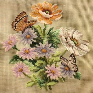 Brown Butterfly Poppy Lilac Daisy vintage 18&quot; PREWORKED Needlepoint Canvas Flowers