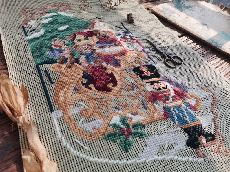 RARE Antique unicorn Bear Christmas Tree Christmas Stocking Canvas. Vintage PREWORKED ...