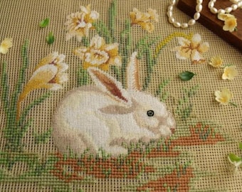 18&quot; Vintage PREWORKED Needlepoint Canvas Petit Point-Bunny Rabbit In Yellow Daffodil