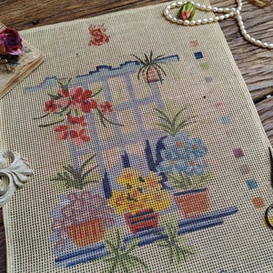 Pastel Charming Flowers by the Window HAND PAINTED Needlepoint Canvas, vintage Needlepoint wall hanging, hand painting Needlepoint Tapestry