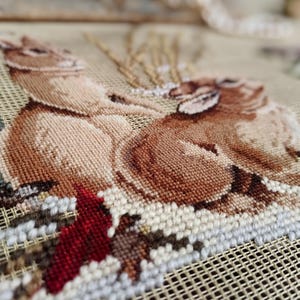 ANTIQUE *wild bunnies BIRDS on Branch* vintage Needlepoint Canvas..Preworked Needlepoint Canvas rabbits Tree Snow..Needlepoint Pillow Winter