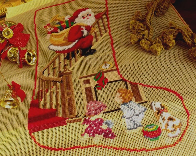 Vintage PREWORKED Needlepoint Canvas. Vintage Needlepoint Christmas Stocking. Christmas GIFT Santa &Kids Pet