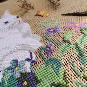 Vintage Shabby Cute Bunny 18&quot; PREWORKED Needlepoint Canvas Animals Rabbit Pink Purple Flowers Iris Butterfly
