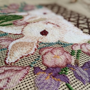 French *baby Bunny &Grandma  Needlepoint Canvas. Vintage Preworked Needlepoint Canvas rabbits.. Needlepoint Pillow Pink Tulips Yellow orchid